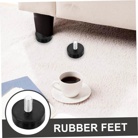 Adjustable rubber feet levelers with stainless steel core for furniture, reducing noise and enhancing stability on carpeted floor.