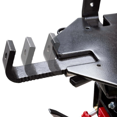 Close-up of adjustable saddle arms on Beefy 1000 Lb Air And Hydraulic Telescoping Transmission Jack, Model 7796 in metal finish.