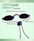 Front view of transparent safety goggles with adjustable strap and secure lock button, highlighting soft material and design details.