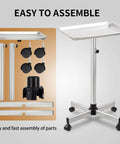Rolling Salon Tray On Wheels For Pros In Salons And Tattoo Studios Adjustable Height Hair Stylist Cart From 22 To 38 Inches Metal Mayo Stand Tray No Rust Color Tray For Salon Medical Or Spa Use shown with assembly parts