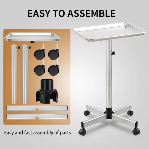 Rolling Salon Tray On Wheels For Pros In Salons And Tattoo Studios Adjustable Height Hair Stylist Cart From 22 To 38 Inches Metal Mayo Stand Tray No Rust Color Tray For Salon Medical Or Spa Use shown with assembly parts