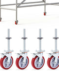 Four Pack 8 Inch Adjustable Leveling Scaffolding Wheels Scaffolding Caster Wheels With Brakes Swivel Locking Casters One And One Fifth Inch Outer Diameter Heavy Duty Steel Frame For Construction Sites Delivers Stable Maneuverability On Uneven Surfaces with red and gray wheels shown under a metal scaffold.