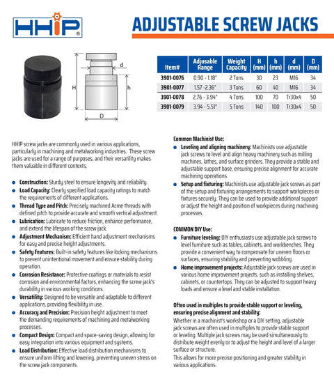 Adjustable Screw Jacks 23mm to 140mm, black body with diagram details for automation systems, highlighting smooth motion and stability features.