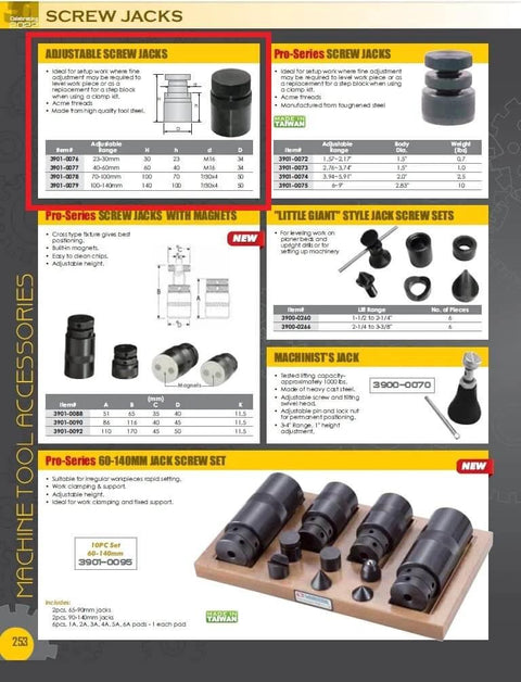 Catalog page showing Adjustable Screw Jacks 23-30mm to 100-140mm for smooth motion and stable alignment in mechanical systems.
