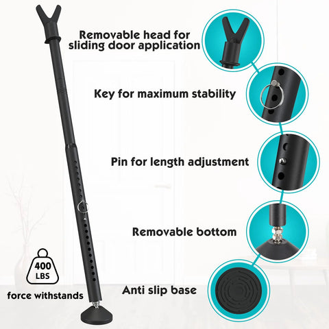 Adjustable Sliding Door Security Bar 19 to 52 Inches 3 in 1 Door Stopper with removable head, pin for adjustment, and anti-slip base