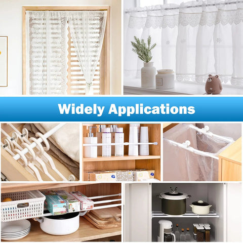 Multiple uses of Adjustable Window Security Bar For Sliding Glass Doors With Rubber Tips, organizing shelves, curtains.
