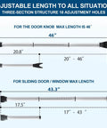 Diagram showing Door Security Bar, Door Stoppers Security bar with adjustable length options for door and sliding door.
