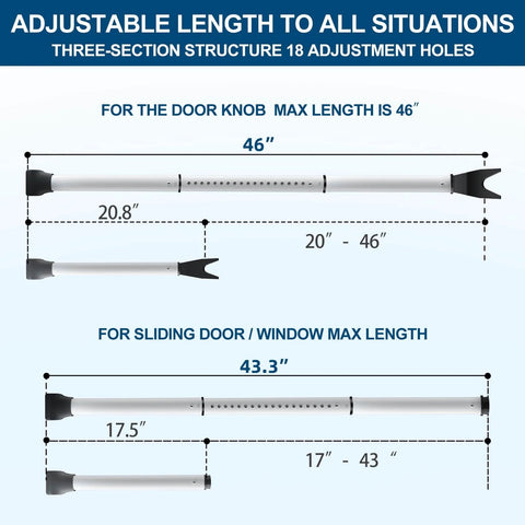Diagram showing Door Security Bar, Door Stoppers Security bar with adjustable length options for door and sliding door.