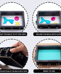 Adjustable Silicone Mold Housing Kit with plastic frame for resin molds, includes 4 corners, binder clips, and double-sided tape.