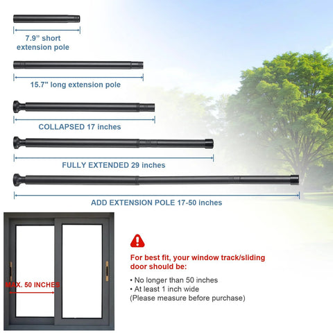 Adjustable Sliding Door Security Bar 17 To 50 Inches With Anti Slip Rubber Tips 2 Pack, dimensions shown with window example