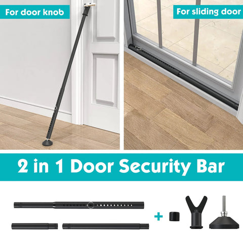 Adjustable Sliding Door Security Bar 19 To 52 Inches 3 In 1 Door Stopper Barricade Jammer installed for door knob and sliding door