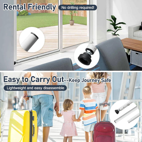 Adjustable Sliding Door Security Bar 18-50 Inches Locking Window And Patio Door Reinforcement shown in rental and travel settings