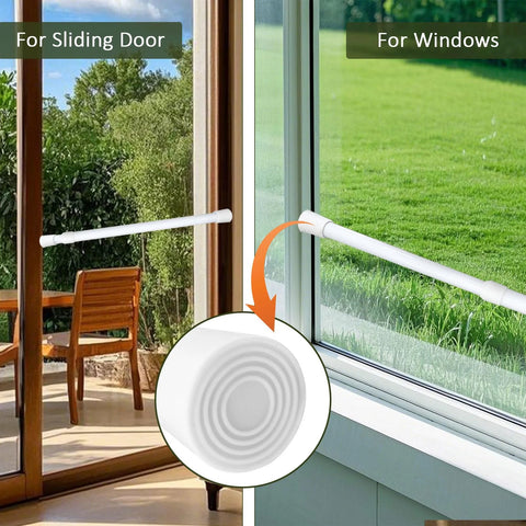 Adjustable Sliding Door Lock Bar With Rubber Tips For Enhanced Window And Sliding Glass Door Security, Fits 16 To 28 Inches, 1.2 Inch Diameter, Sturdy Stopper Improves Home Safety And Child Protection shown installed on sliding door and window
