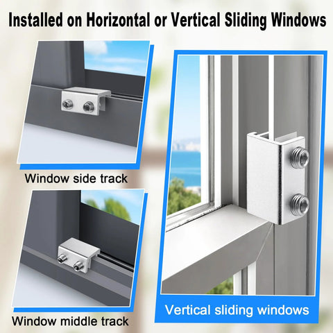 Installed Two Pack Sliding Window Locks With Keyed Security on vertical and horizontal tracks, showcasing adjustable aluminum design.