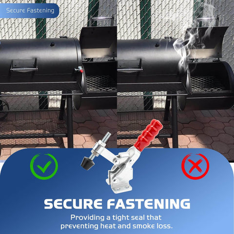 Image showing a comparison of two offset smokers, one with and one without the 2 Pack Heavy Duty Adjustable Smoker Door Latch Clamps For Offset Smokers Compatible With Firebox Lids And Smoking Chambers Replacement Part 7816915P06, illustrating effective smoke containment.