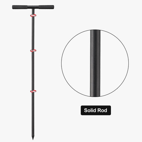 Hardcore 48 Inch Adjustable Soil Probe With T Handle All Steel Ground Rod shown with solid rod close-up, foam grip, and sharp point for penetration.