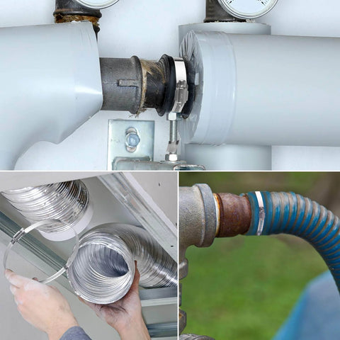 Collage of duct installations using pack of 6 adjustable 6 inch hose clamps in 304 stainless steel with worm gear mechanism.