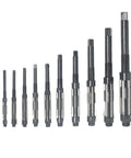 Front view of Durable Adjustable High Speed Steel Hand Reamer Set For Drilling Machines 11 Pieces H4 Through H14 Size Range 0.46875 Inch To 1.5 Inch Straight Flute Includes 6 Replacement Blades WFLNHB displayed in a row from smallest to largest.