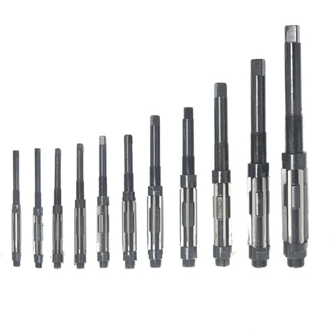 Front view of Durable Adjustable High Speed Steel Hand Reamer Set For Drilling Machines 11 Pieces H4 Through H14 Size Range 0.46875 Inch To 1.5 Inch Straight Flute Includes 6 Replacement Blades WFLNHB displayed in a row from smallest to largest.