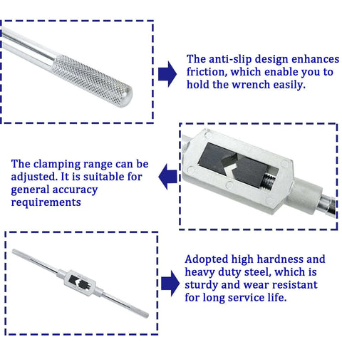 Beefy Adjustable Tap Wrench For M6 To M20 Fits One Quarter Inch To Three Quarter Inch Taps Steel Hand Tool showing key features