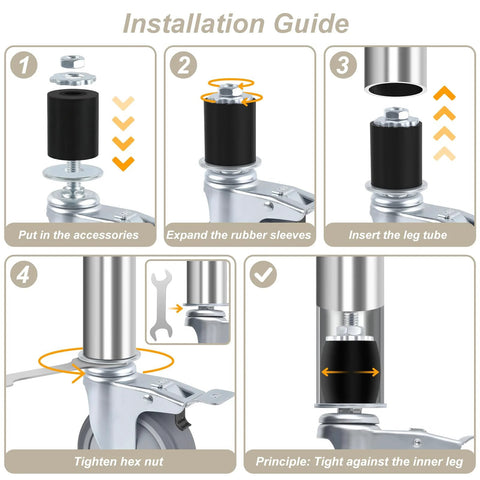 Installation guide for Four Inch Universal Adjustable Caster Wheels Set With Brakes For Tube Legs From 7/8 Inch To 1-5/8 Inch