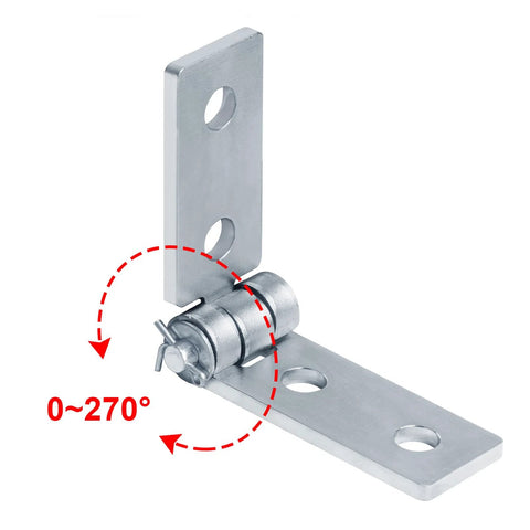 Four Piece Adjustable Hinge Bracket Set For One And Five Eighth Inch Strut Channel With Four Holes And Quarter Inch Thick Angle Fittings Eight By One And Five Eighth Inch Electro Galvanized Low Carbon Steel. Front view showing 0-270° adjustability.