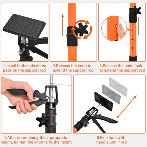 Adjustable Support Pole - Cabinet Jack, Drywall Lift, 16.2-31.9Inch Adjustable Height, installation steps, various close-ups