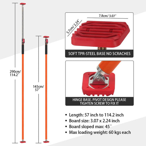 Diagram of adjustable support pole, quick-adjustable telescopic rod with measurements and base details, supports up to 154 lbs.