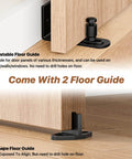 Close-up of adjustable T-shape floor guide from 8FT Sliding Barn Door Hardware Kit, suitable for door panels, black finish.