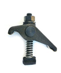 Adjustable Clamp Assembly for Mill Tables T Slot Three Eighths Inch By Sixteen Thread Three Inches Long One Piece Quick Setup Instant Height Adjustment Clamping Range Up To One And Three Quarters Inches Width One And A Quarter Inches Per Each, black metal with spring, front view