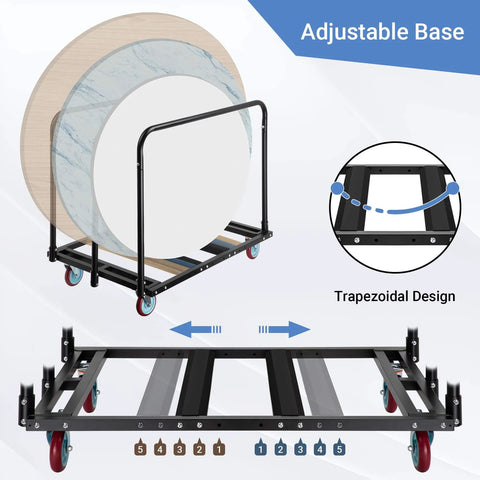 Heavy Duty Folding Table Cart With 2000 Lbs Capacity And 10 Tables 5 Inch Swivel Wheels Durable Table Dolly For Party Events Factory Hotel And Warehouse Use Adjustable Bottom Rods For Flexible Load Sizing And Easy Moving showing its adjustable base and trapezoidal design