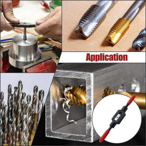 Collage showing Adjustable Tap Wrench One Sixteenth To One Quarter Inch Jaw Opening 140mm Length Fits M1 To M8 Taps Tap Holder and Reamer in use