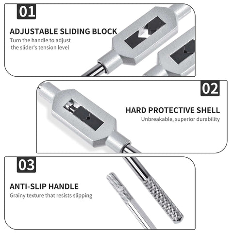 Adjustable Tap Wrench Handle For M1-M12 And W1/16-1/2 Reamers with anti-slip handle and adjustable sliding block.