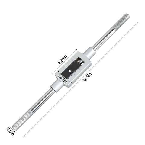 Adjustable Tap Wrench Handle For M6 To M20 And One Quarter To Three Quarter Inch Taps, metal tool with dimensions shown