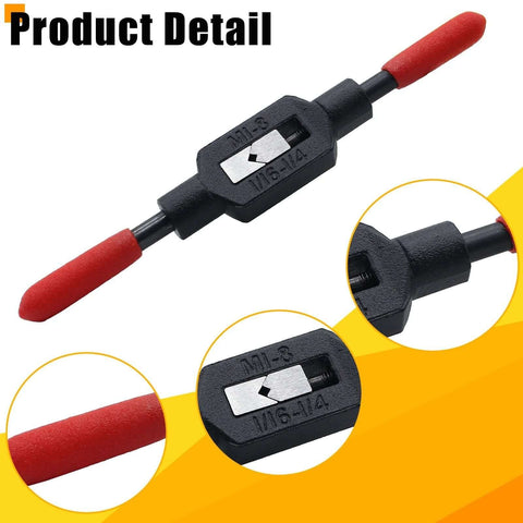 Adjustable Tap Wrench One Sixteenth To One Quarter Inch Jaw Opening 140mm Length Fits M1 To M8 Taps Tap Holder And Reamer Hand Tool For Precise Threading Beefy Grip For Your Home Shop with red handles close-up view