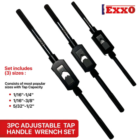 Three Piece Tap Wrench Set With 1/4 Inch 3/8 Inch And 1/2 Inch Tap Capacity Adjustable Steel Hand Tapping Wrenches displayed