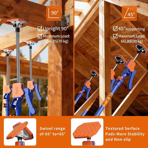✝️ 2PK Adjustable Telescopic Support Pole, 54-115 inch Cabinet Jack, Heavy Duty 3rd Hand Support System showing different angles, load capacity, and textured pads