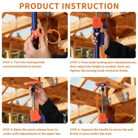 Product instructions showing the use of ✝️ 2PK Adjustable Telescopic Support Pole, 54-115 inch Cabinet Jack, Heavy Duty 3rd Hand Support System.