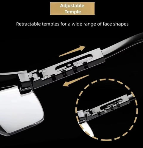 Adjustable temples on 2 Pack Wide Frame Safety Glasses Goggles Anti Fog UV Resistant Over Glasses with arrow diagram