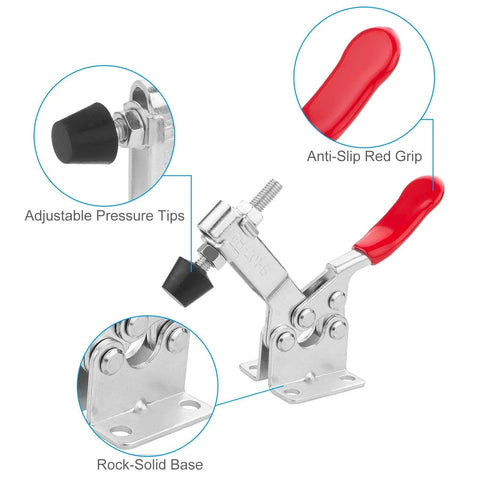 Adjustable Toggle Clamp with anti-slip red finish, adjustable pressure tips, and rock-solid base. 201 B Style for woodworking.