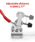 Side view of heavy duty hold down toggle clamp with red handle, quick release, showing adjustable distance