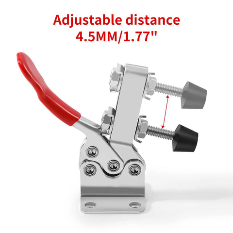 Side view of heavy duty hold down toggle clamp with red handle, quick release, showing adjustable distance