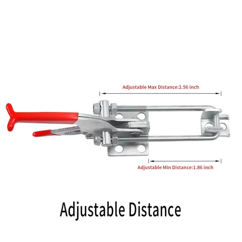 Heavy Duty Toggle Clamp Set 2000Lbs Cam Lever Latch showing adjustable U-bolt mechanism with red handle and measurements