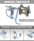 Adjustable track pulleys from Rolling Gate Hardware Kit for Chain Link Gate Sliding Gate Hardware, stainless and galvanized steel.