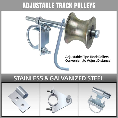 Adjustable track pulleys from Rolling Gate Hardware Kit for Chain Link Gate Sliding Gate Hardware, stainless and galvanized steel.