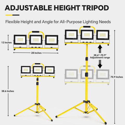 21000 Lumen Ultra Bright LED Work Light With Stand For Job Site And Outdoor Use Boss Level 3 adjustable tripod shown at various heights