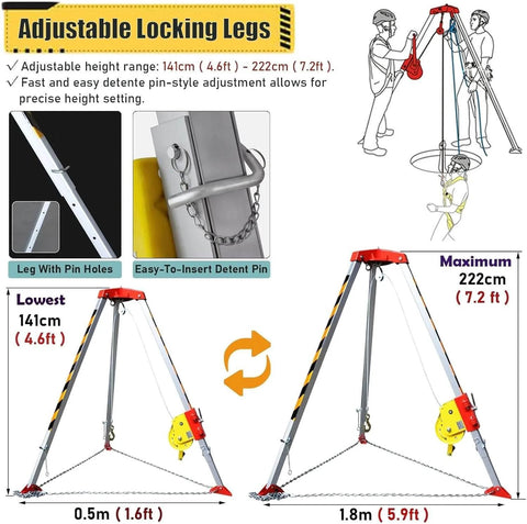 Adjustable-height tripod with locking legs and winch for Heavy Duty Confined Space Rescue Tripod Kit With Fall Arrester Self Locking Winch And Safety Harness Emergency Rescue System For Pipe Repair And Sewer Cleaning 10M Fall Arrestor 1800Lbs Capacity.