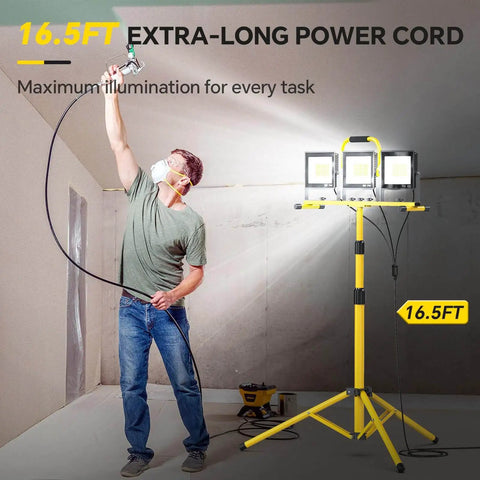 21000 Lumen Ultra Bright LED Work Light With Stand For Job Site And Outdoor Use Boss Level 3 Head Adjustable Tripod Work Light With Individual Switch IP66 Waterproof Foldable Construction Lighting Ideal Gift For Men And DIY Pros