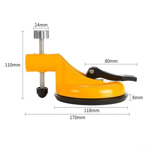 Side view of adjustable vacuum suction cup tool with 118mm cup, pro-grade stainless steel pull rod, and no-slip grip knob for tile alignment.