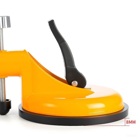 Close-up of an adjustable vacuum suction cup with an 118mm cup and pro-grade stainless steel pull rod for precise tile alignment.